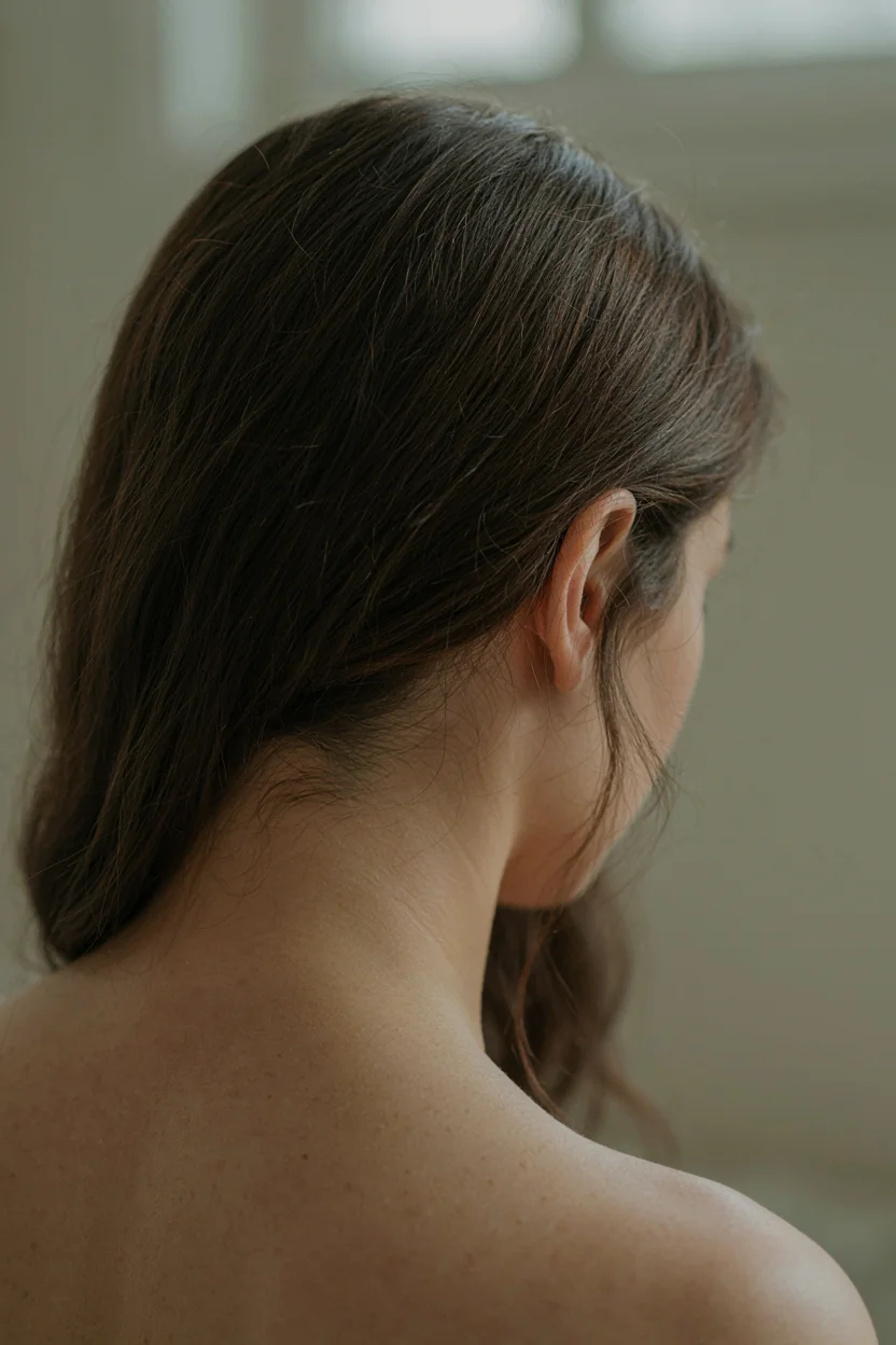 Back-of-head view of a woman with medium-length hair lifted or tucked behind the ears