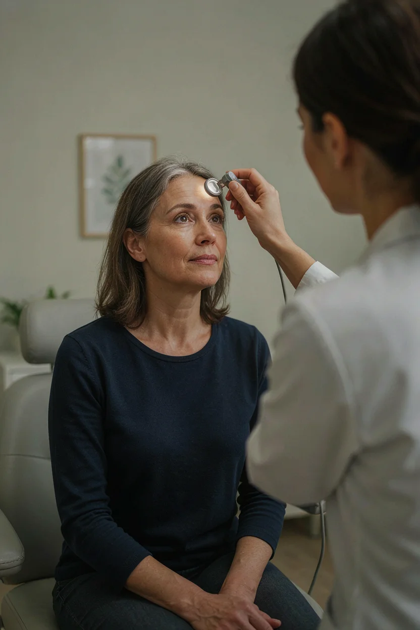 Woman between 50 and 65 seated in a clinical consultation chair