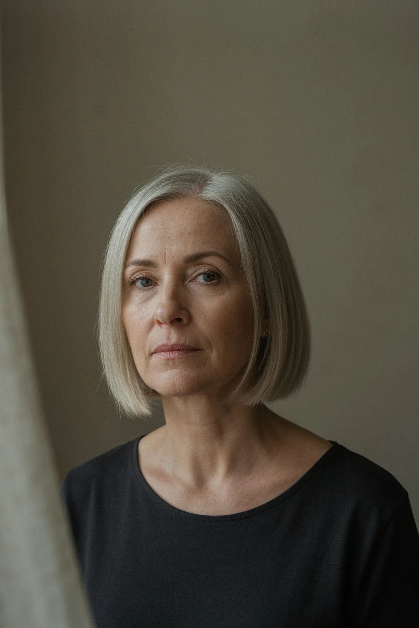 Woman in her late fifties with silver-blonde fine hair cut in a sharp blunt bob at the jawline, wearing a muted charcoal crew-neck top, soft natural light from a window on her left side