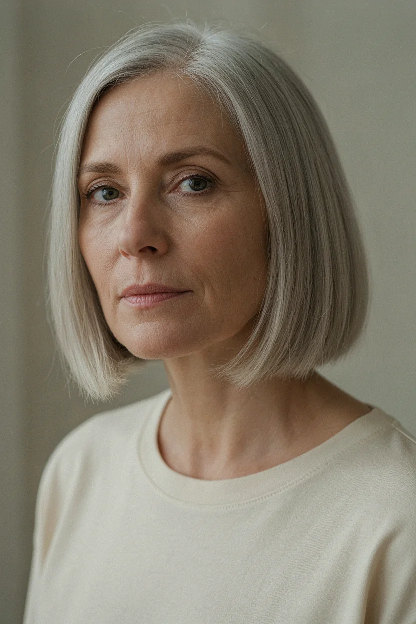 Woman in her late fifties with fine silver hair in a blunt collarbone-length cut