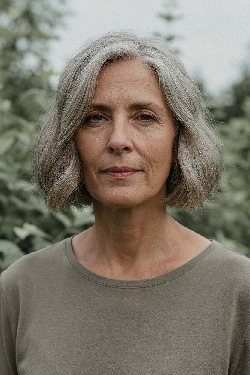 Woman in her early sixties with fine wavy gray hair in a blunt cut with slight interior texture