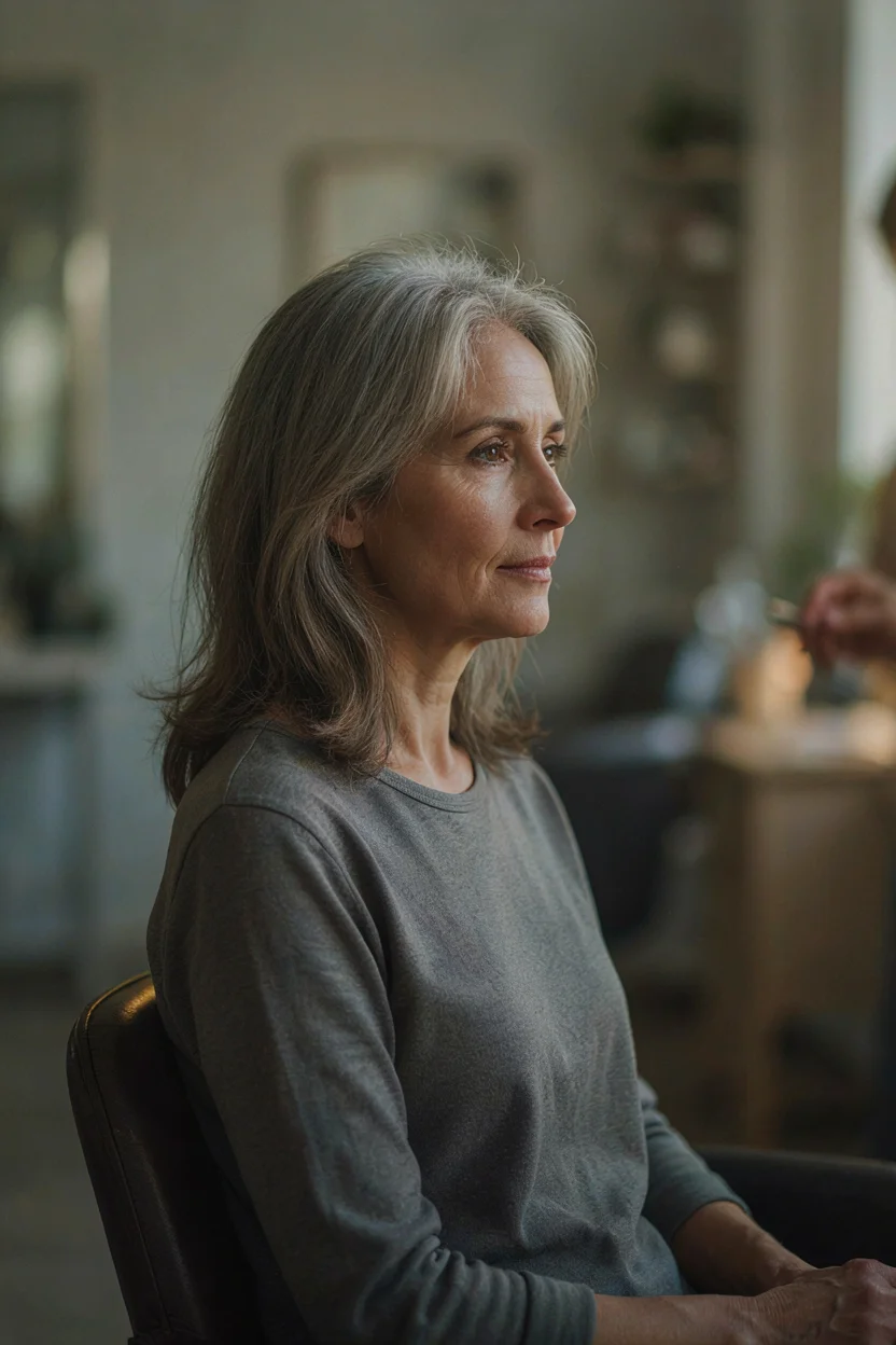 Woman in her mid-fifties with fine gray hair seated in a consultation with a stylist
