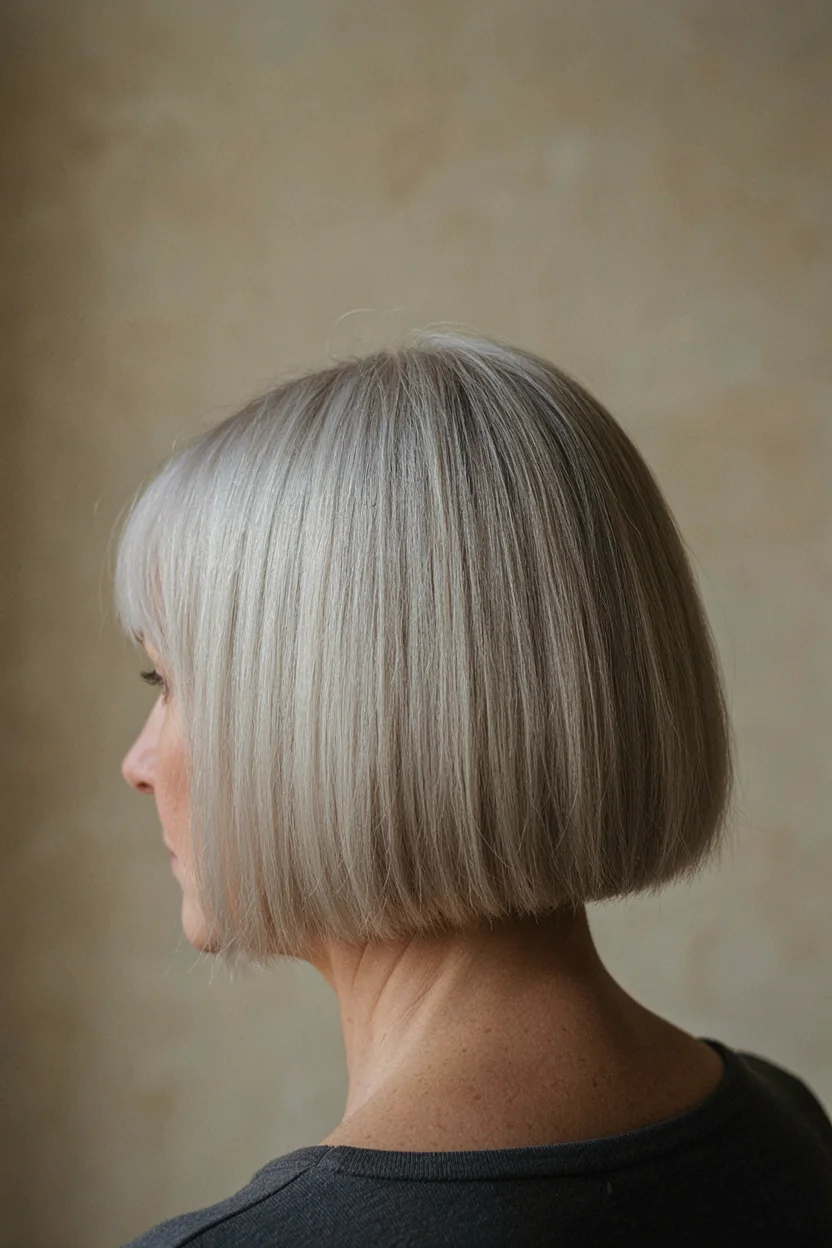 Woman in her late fifties with fully silver hair in a clean blunt cut at the jawline