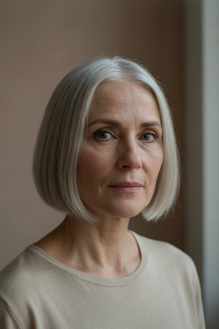 Woman in her late fifties with fine silver hair styled in a smooth blunt bob