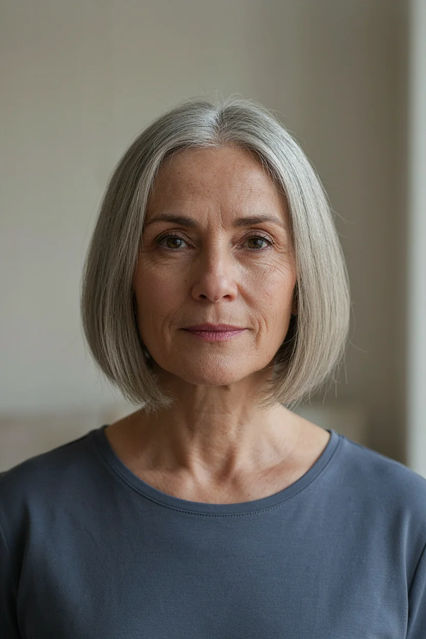 Woman in her early sixties with fine gray hair in a freshly trimmed blunt cut at the collarbone
