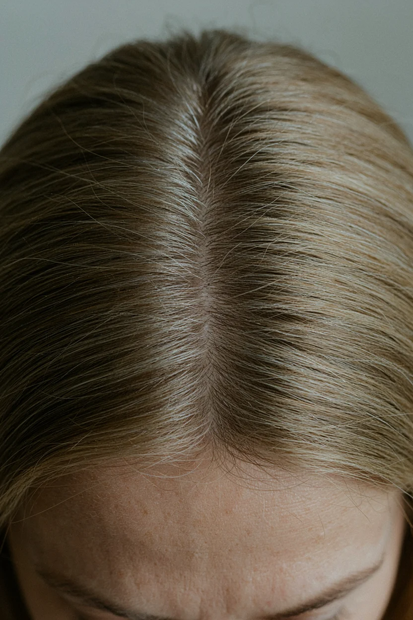 Close-up of fine hair lying flat against the scalp at the crown with natural light showing the lack of space between strands and skin