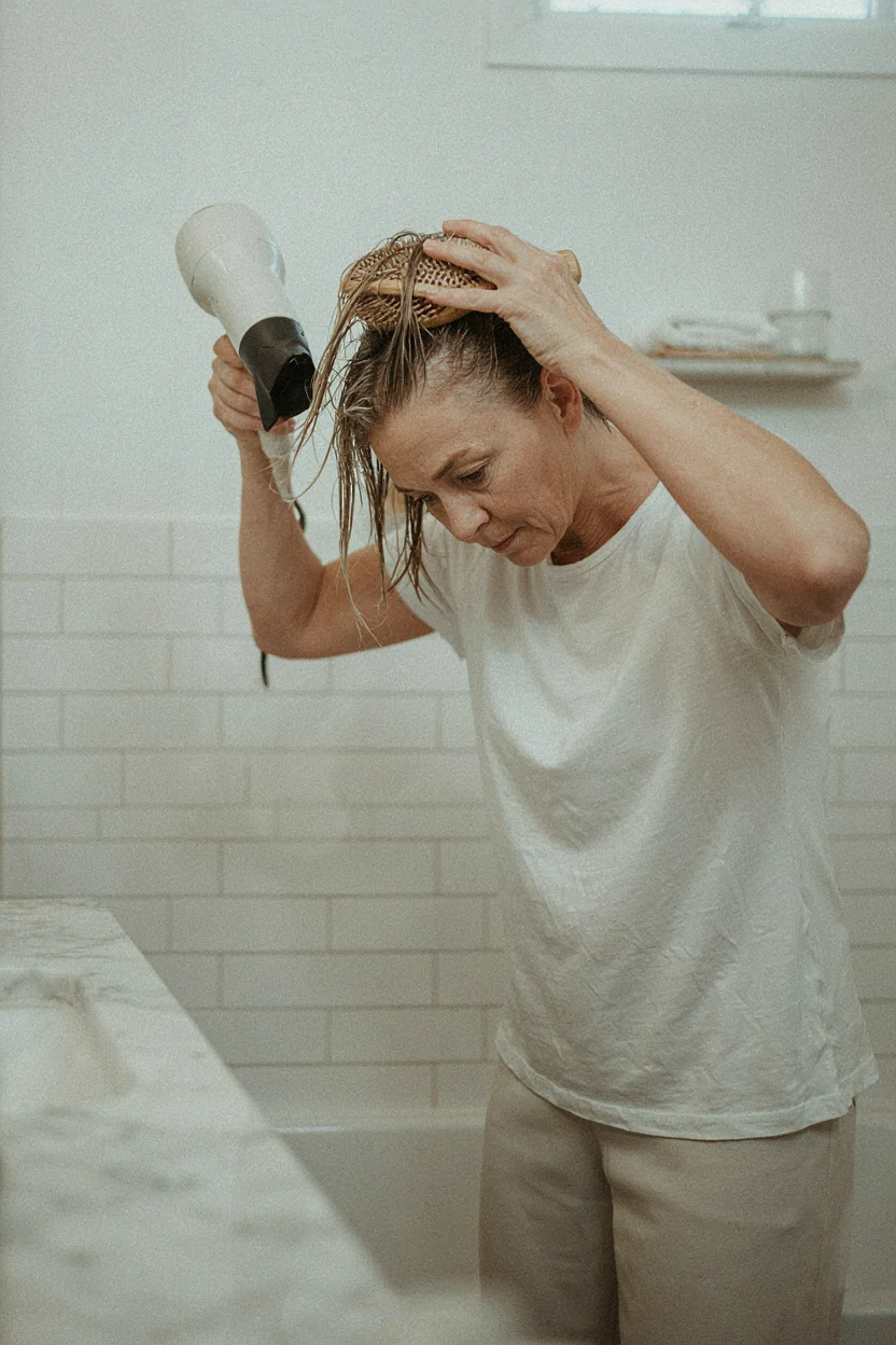 Woman in her fifties tilting her head forward while blow-drying the roots of her fine hair with a round brush