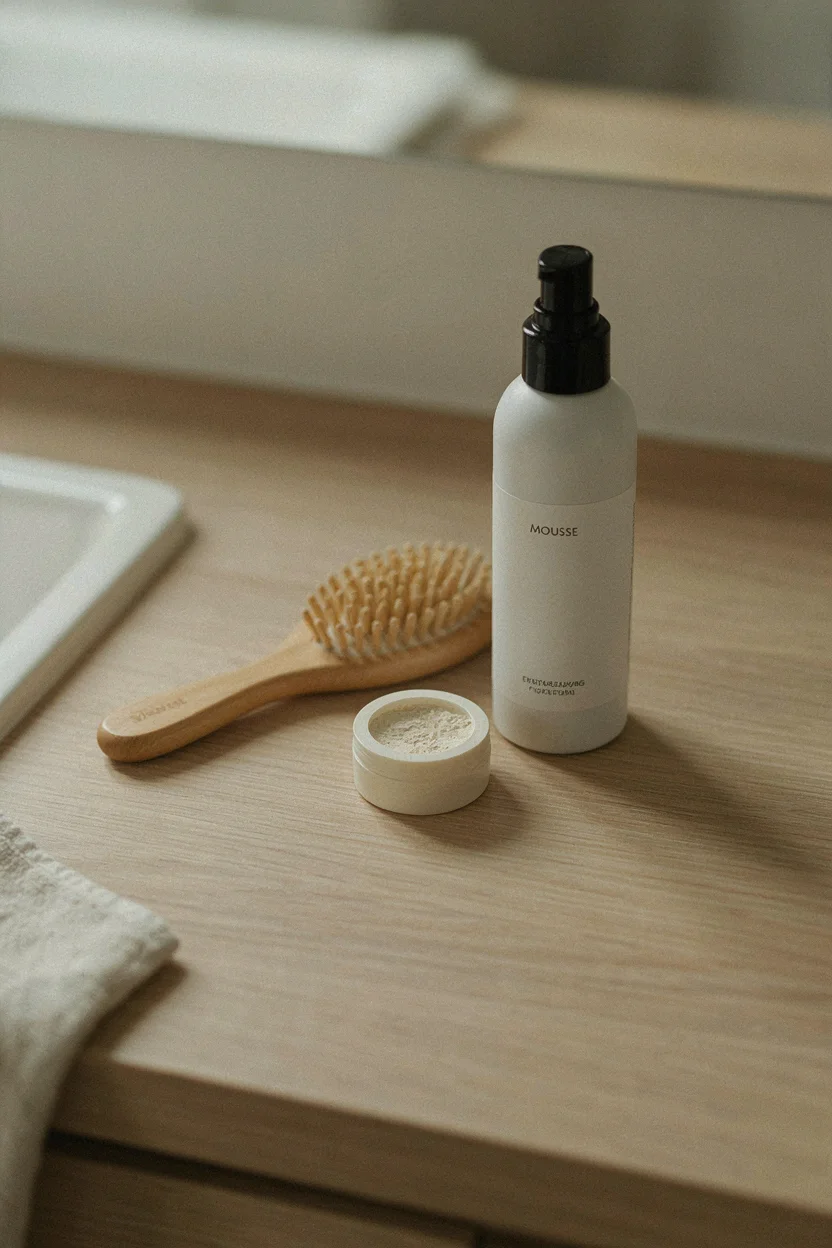 A vented round brush, a lightweight mousse bottle with generic label