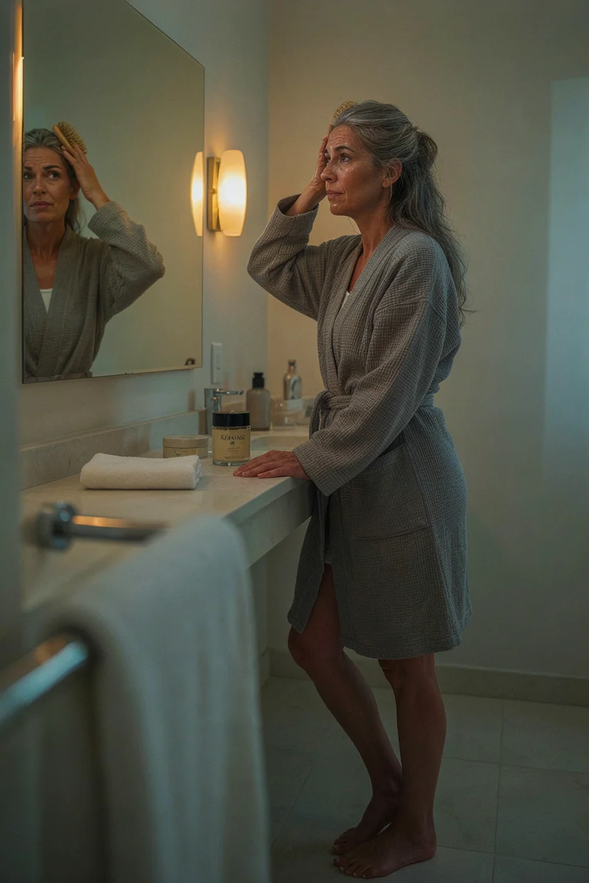 Woman in her mid-fifties looking in a bathroom mirror
