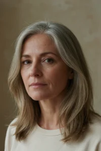 Woman in her late fifties with dimensional gray-blended hair showing silver, ash blonde, and soft brown tones, wearing a muted cream crew-neck top, photographed in soft natural light