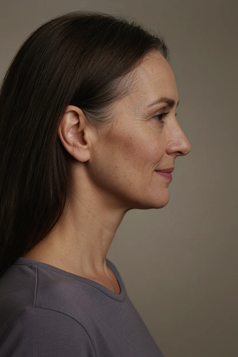 Close-up of a sharp regrowth line on a woman in her fifties showing gray roots against dark brown colored hair