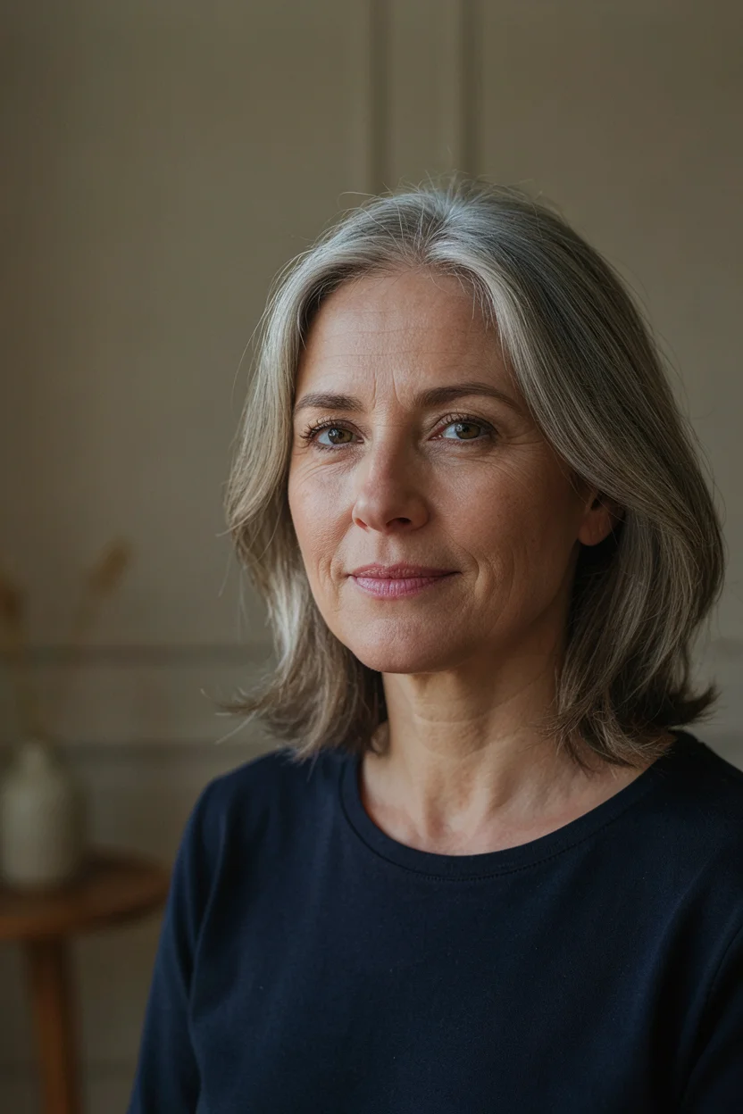 Woman in her early sixties with gray-blended hair showing highlights placed around the face and part line