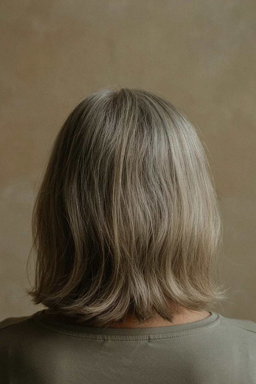 Woman in her mid-fifties with multi-tonal blended gray hair seen from behind