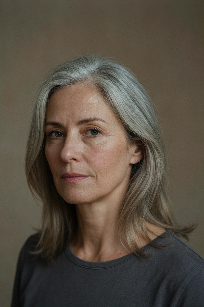 Woman in her late fifties with gray-blended hair in the growing-out phase showing a soft transition between colored and natural sections