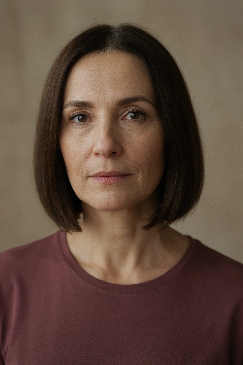 Woman in her late fifties with full-coverage solid dark brown hair color showing uniform single-tone result