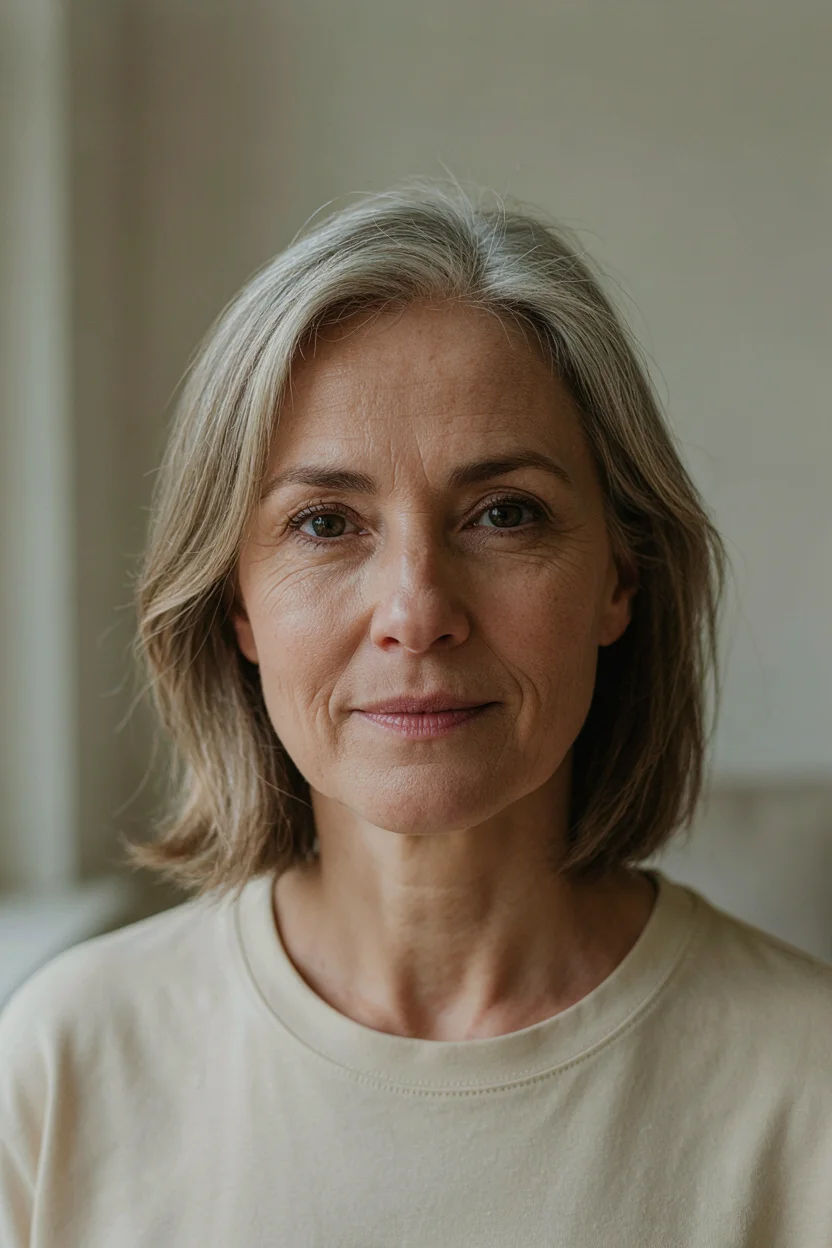 Woman in her early sixties with gray-blended hair styled simply
