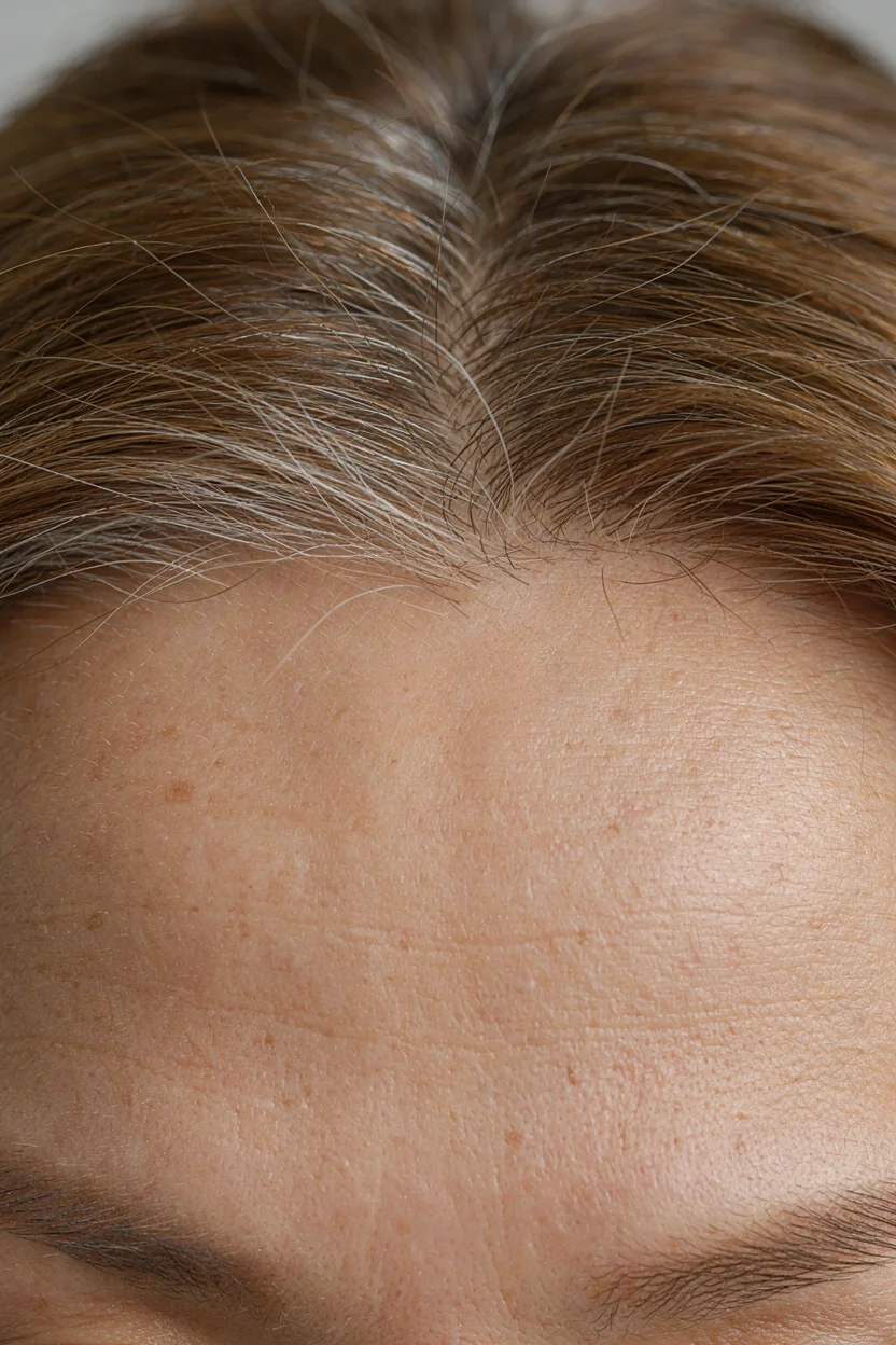 Close-up of a woman's hairline at the forehead