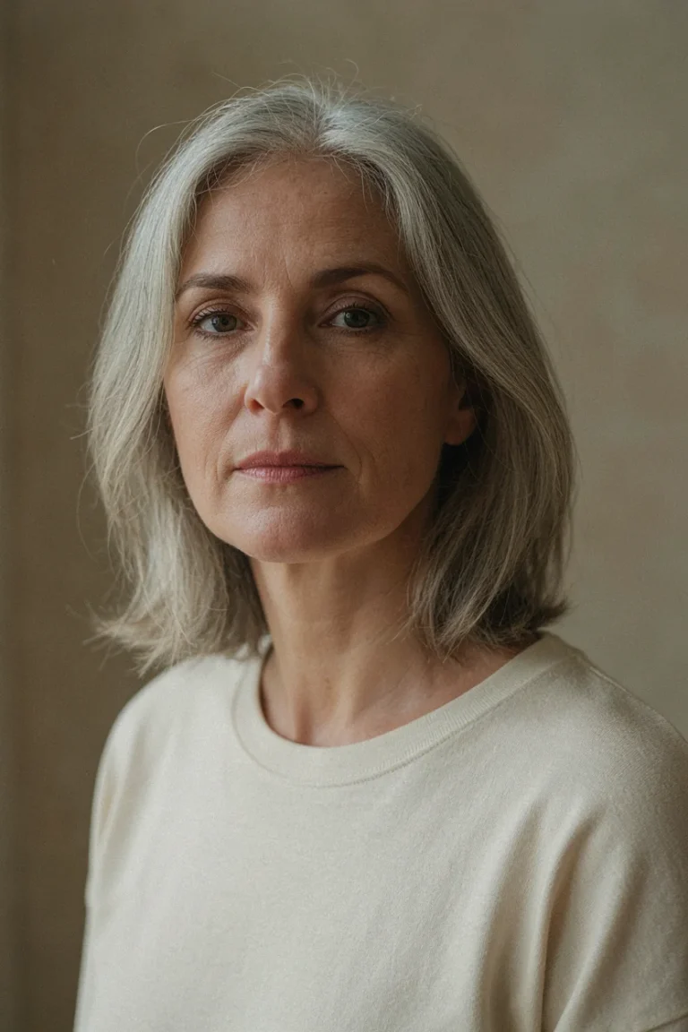 Woman in her late fifties with silver hair showing the coarser texture typical of gray hair, photographed in soft natural light, wearing a muted cream crew-neck top