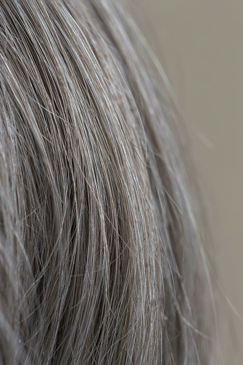 Close-up of silver hair strands showing the thicker cuticle and changed texture