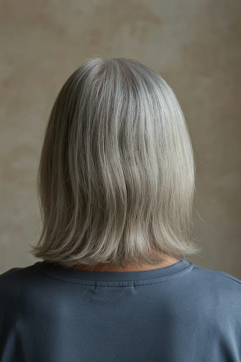 Woman in her early sixties with silver hair at the ends showing dryness compared to the root area