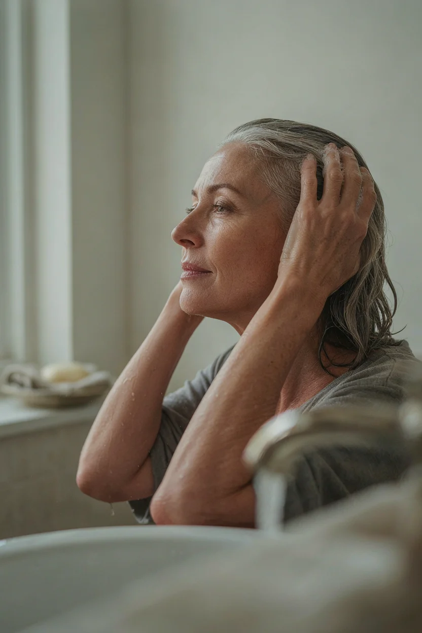 Woman in her mid-fifties washing her silver hair