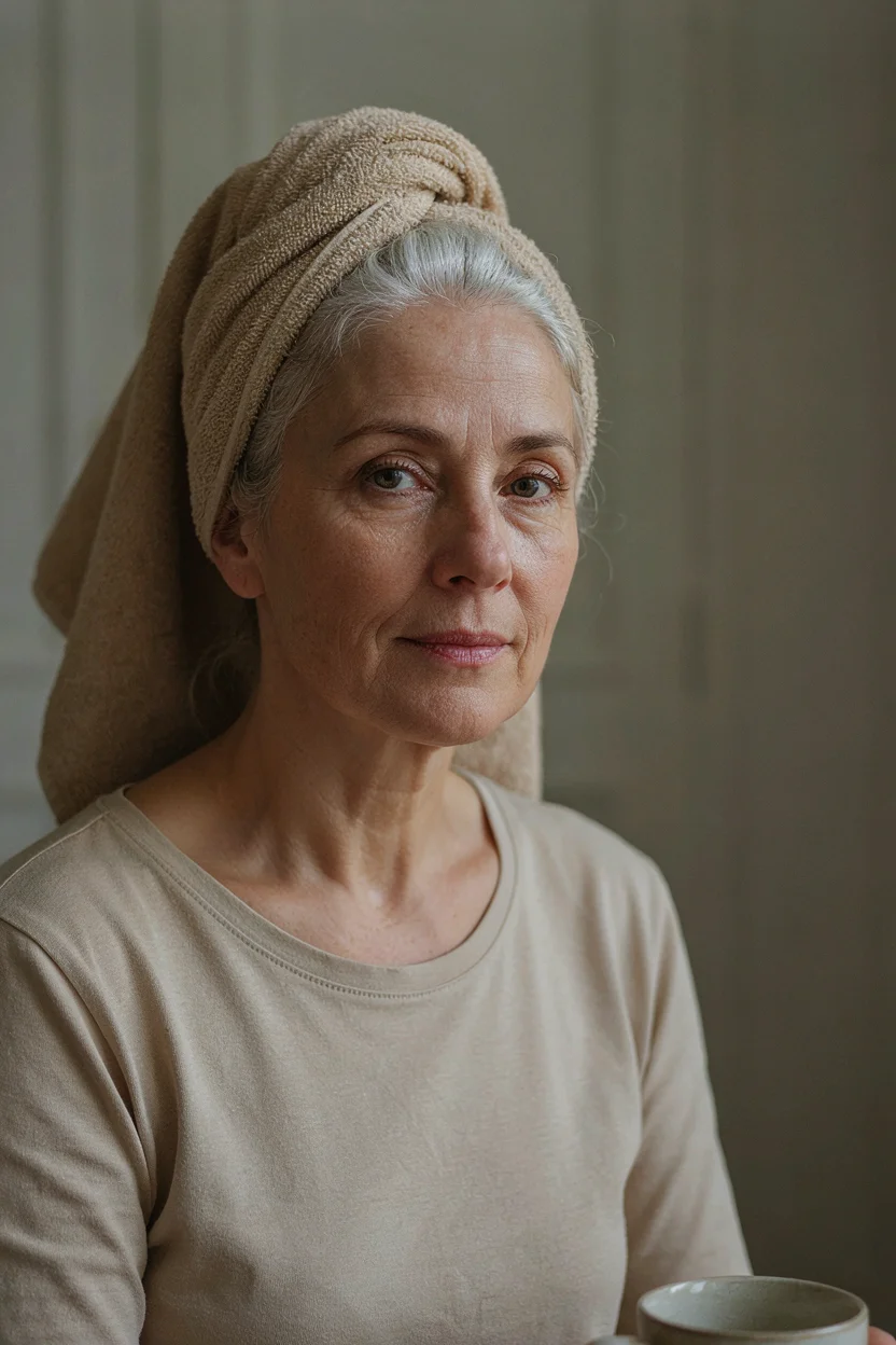 Woman in her late fifties with silver hair and a deep conditioning treatment applied