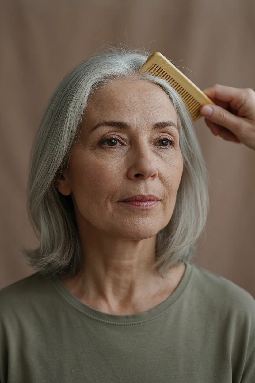 Woman in her early sixties with silver hair being styled with a wide-tooth comb