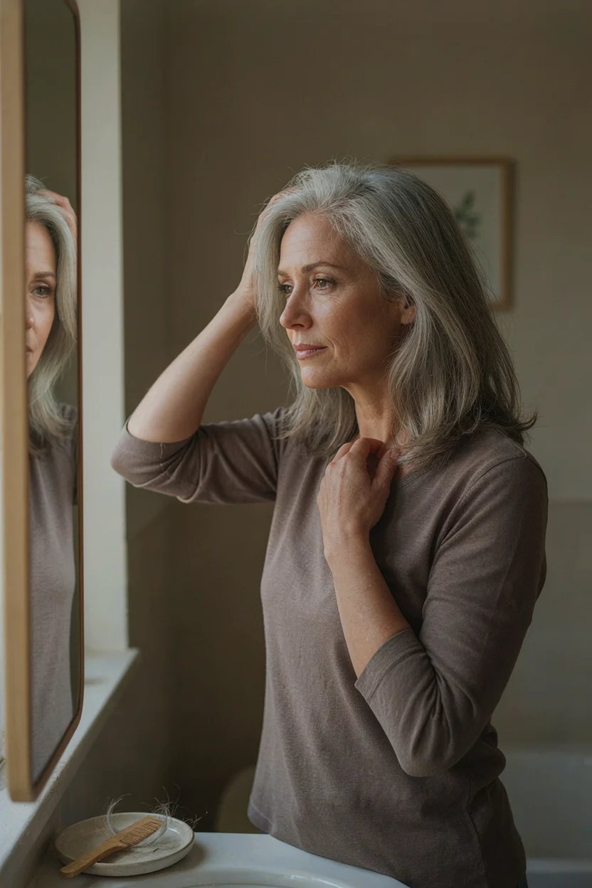 Woman in her mid-fifties examining her silver hair in a mirror