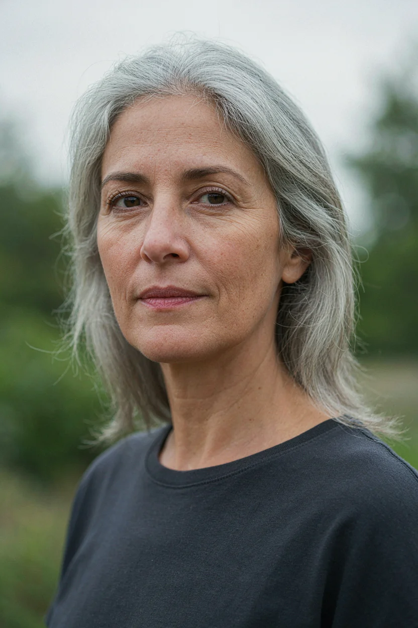 Woman in her mid-fifties with silver hair on a humid day showing natural frizz and texture