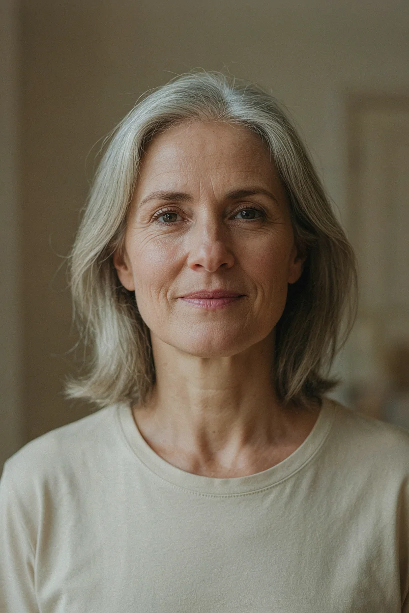 Woman in her late fifties with well-maintained silver hair showing a healthy routine result
