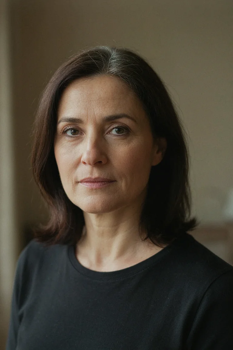 Woman in her late fifties with visible gray roots against dark brown dyed hair, photographed in soft natural light, wearing a muted charcoal crew-neck top