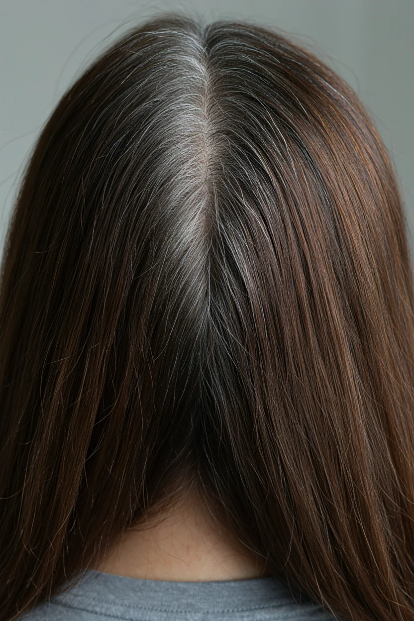 Close-up of the part line on a woman in her fifties showing the contrast between gray roots and dark dyed hair