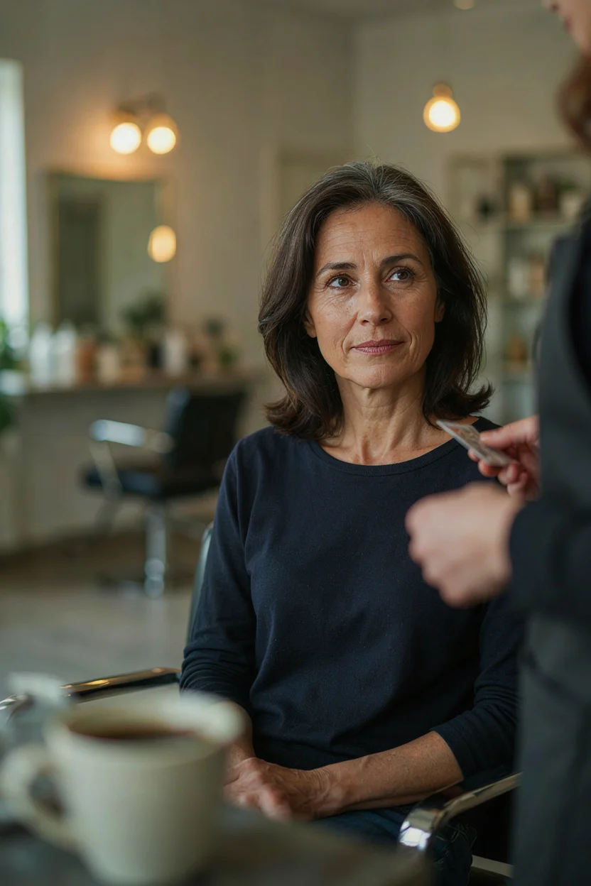 Woman in her early sixties seated in a salon consultation