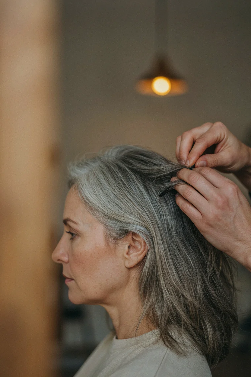 Colorist examining the hair of a woman in her fifties during an assessment