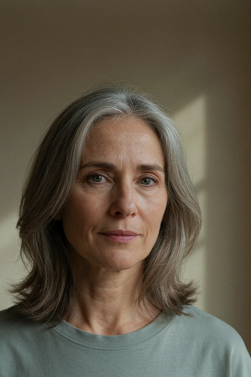 Woman in her late fifties with dimensional gray-blended hair showing the result of a transition plan