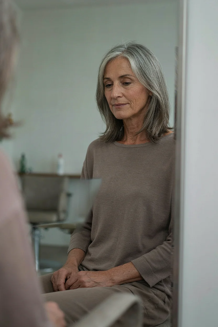 Woman in her early sixties looking in a mirror during a salon visit