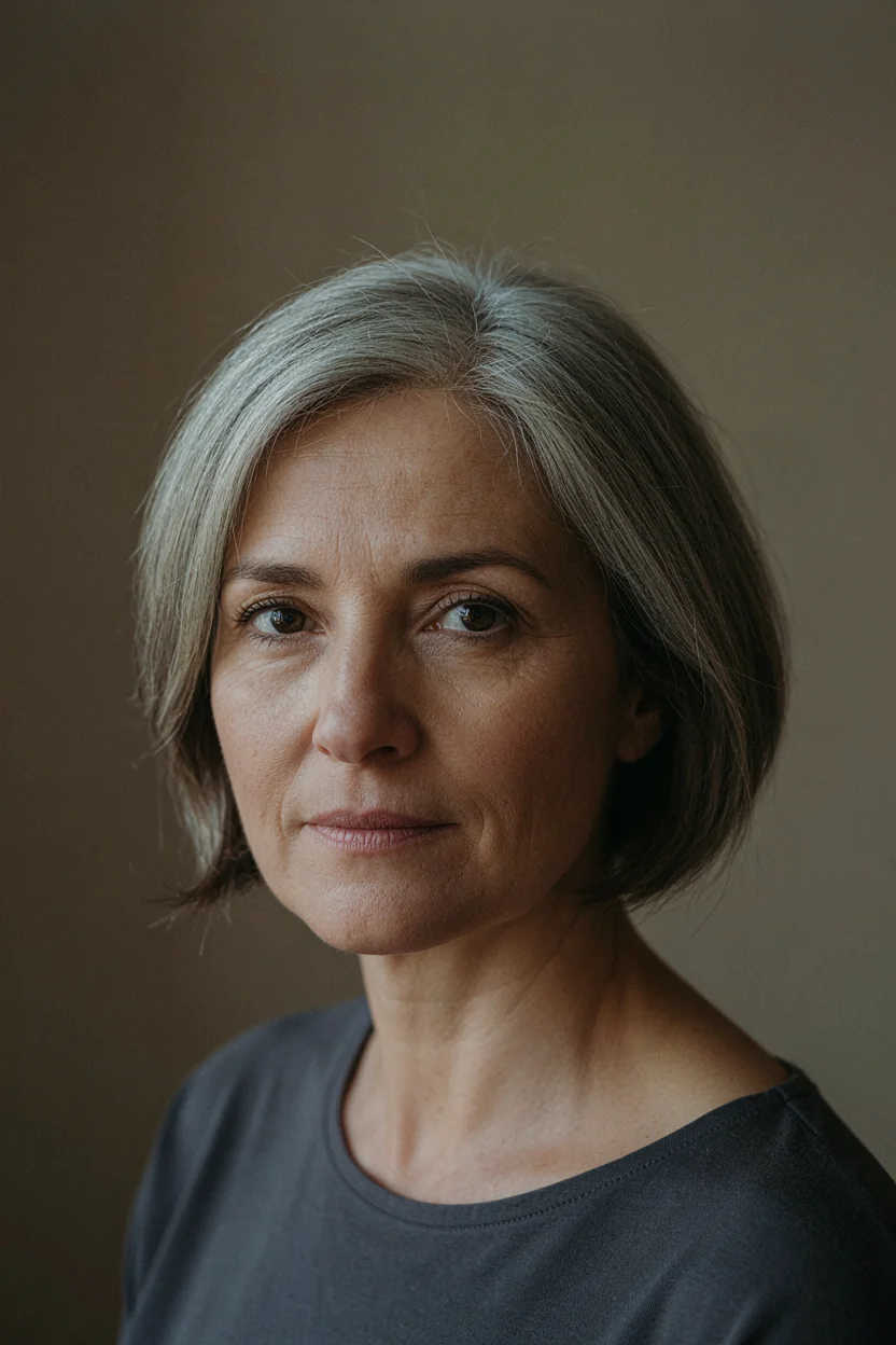 Woman in her mid-fifties with short silver and dark hair in the grow-out phase