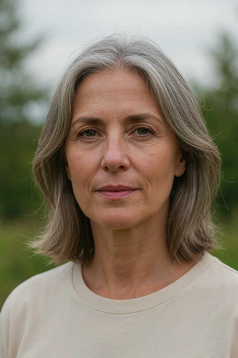 Woman in her late fifties with natural silver and dark blended hair after a successful transition