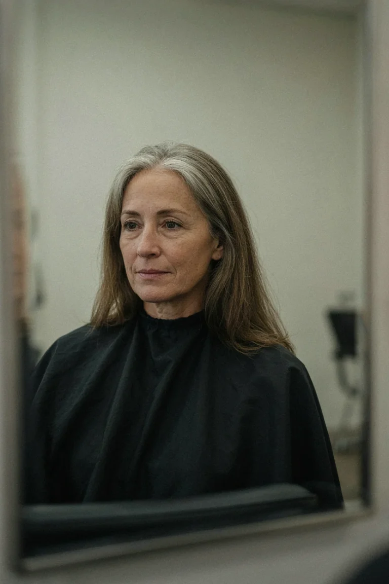 Woman, approximately 55 to 60 years old, visible fine lines around eyes and forehead, mature skin with natural texture. Seated in a salon chair, viewed through the mirror reflection. Her hair shows na