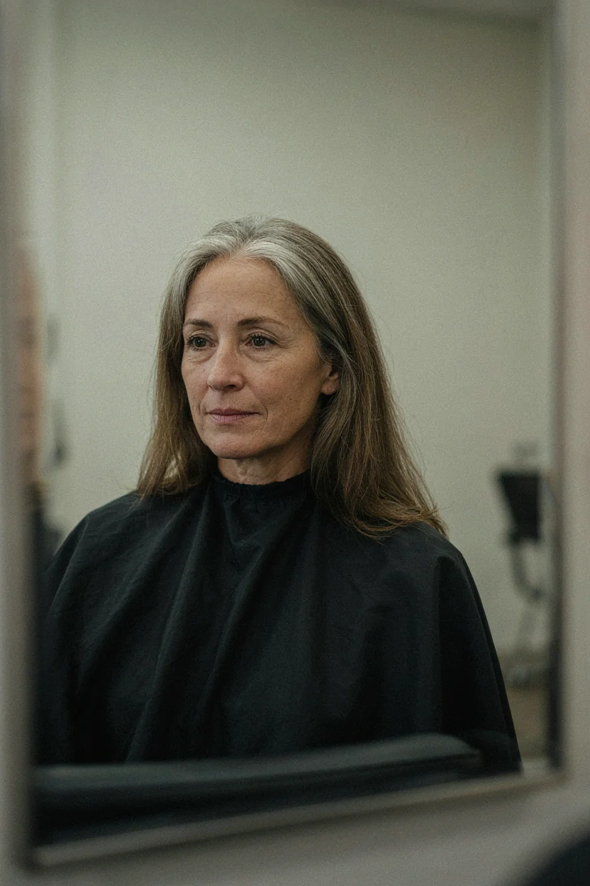 Woman, approximately 55 to 60 years old, visible fine lines around eyes and forehead, mature skin with natural texture. Seated in a salon chair, viewed through the mirror reflection. Her hair shows na