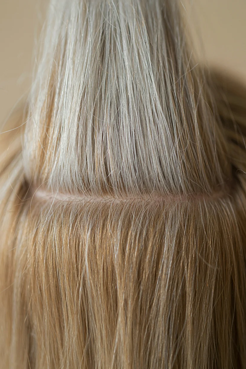 Close-up of a small section of gray hair at the part line