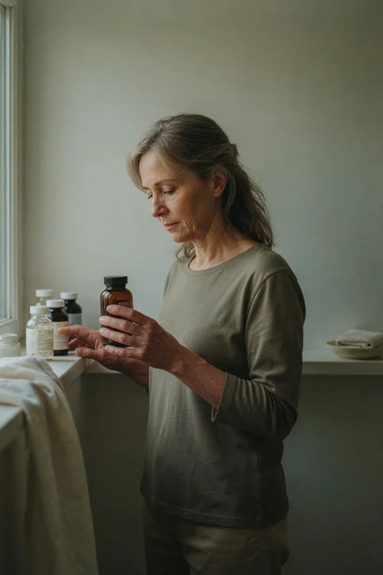 Woman between 50 and 65, standing at a bathroom shelf, holding a dark amber supplement bottle in one hand and reading its label. Her other hand rests near two or three additional bottles lined up on t