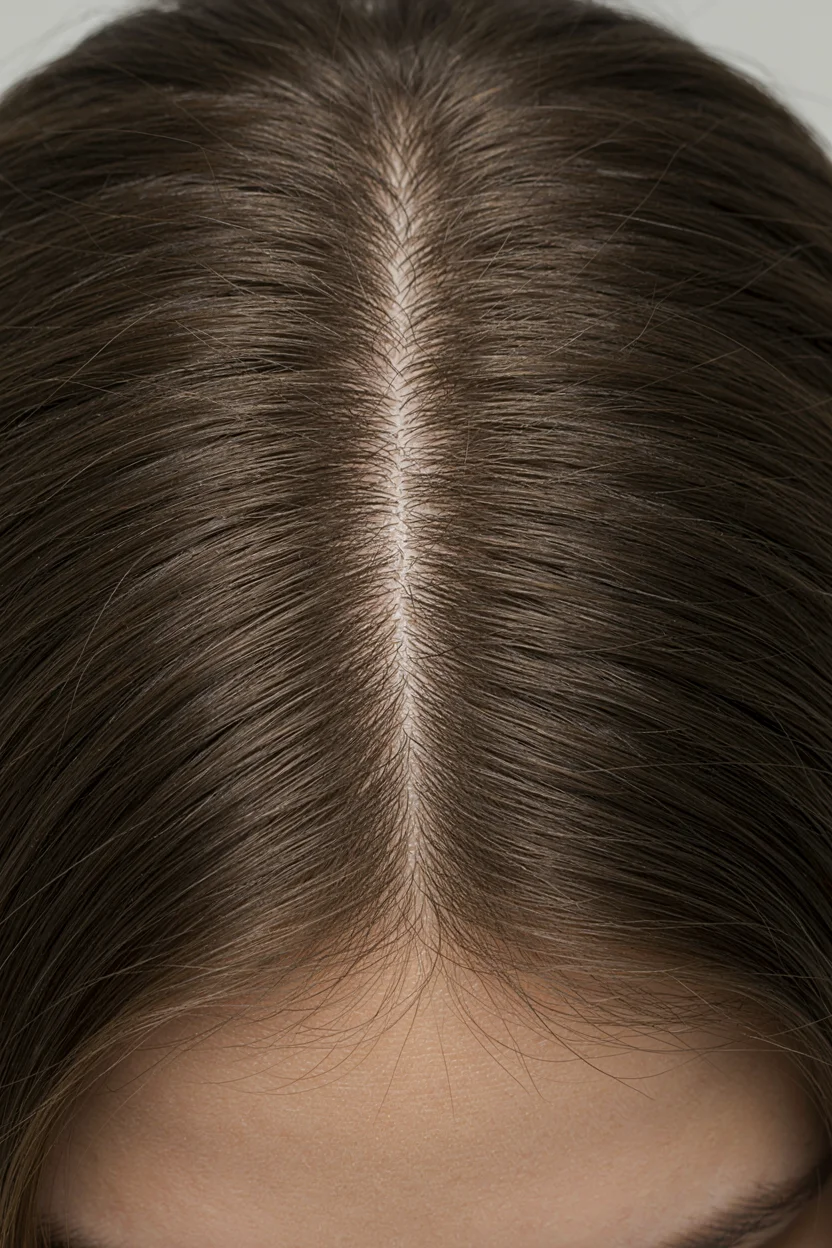 Overhead back-of-head view of a woman's scalp with a clean centre parting