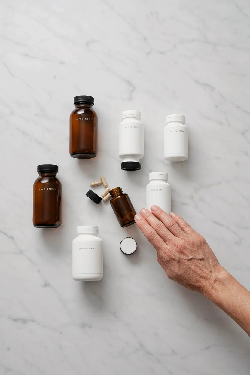 Four to six supplement bottles of varying sizes arranged on a clean white marble or light wood surface