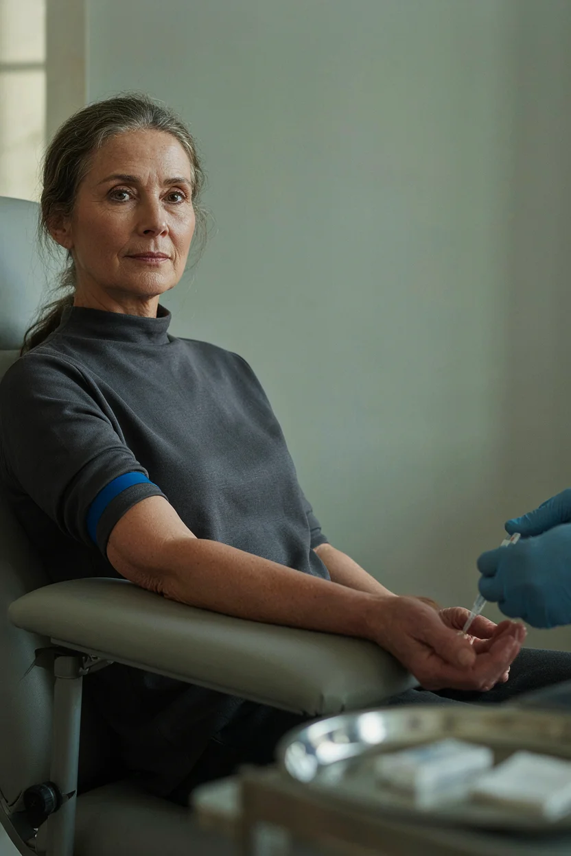 Woman between 50 and 65 seated in a clinical chair