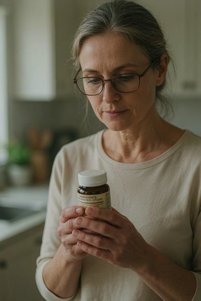 Woman between 50 and 65 holding a supplement bottle at chest height and reading the ingredients list on the back label