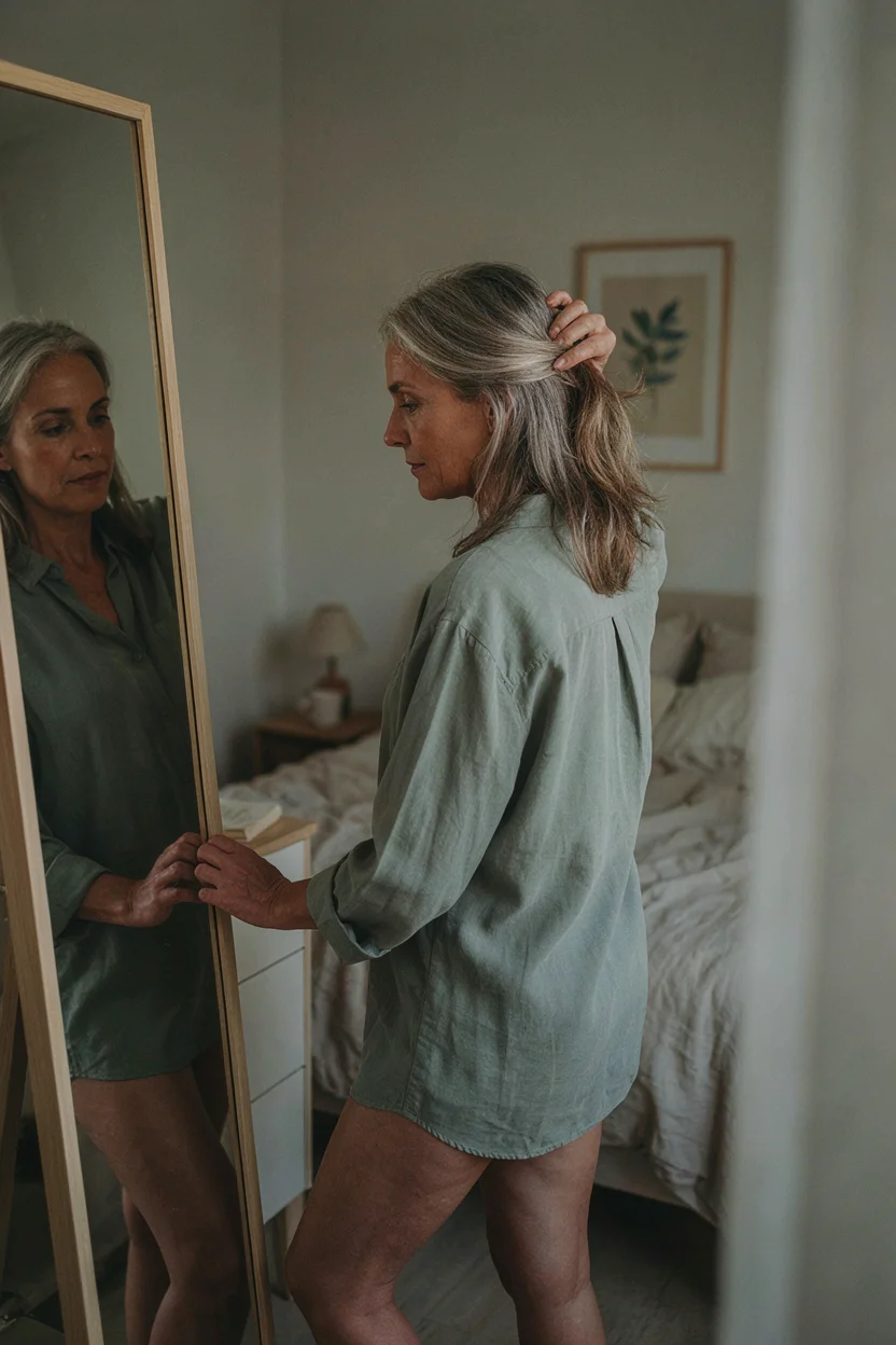 Woman in her fifties examining her hair part in a mirror beside a window with soft daylight