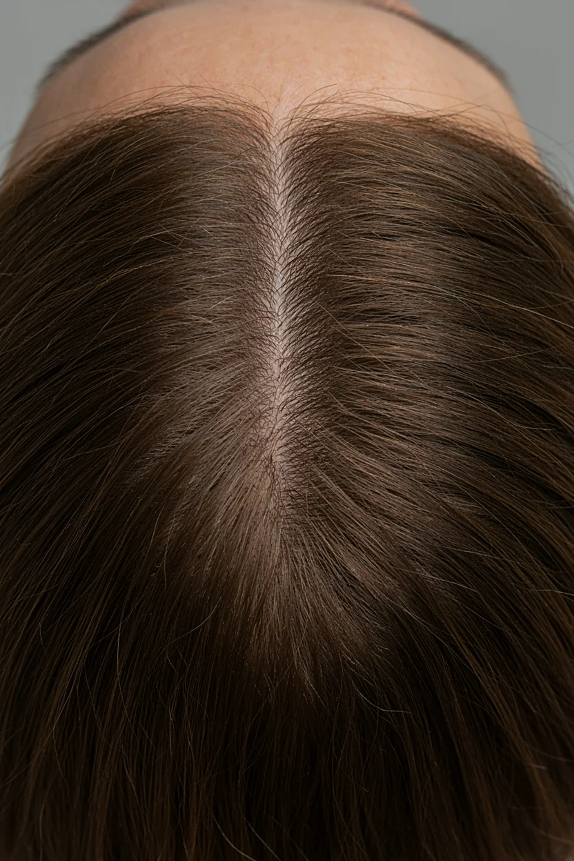 Close-up of a woman's hair showing subtle thinning along the centre part with mature skin visible at the hairline