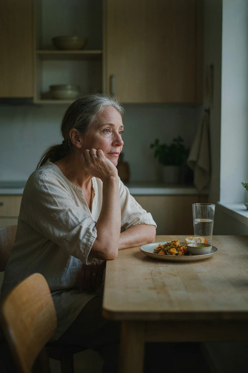 Woman in her late fifties seated at a kitchen table with a glass of water