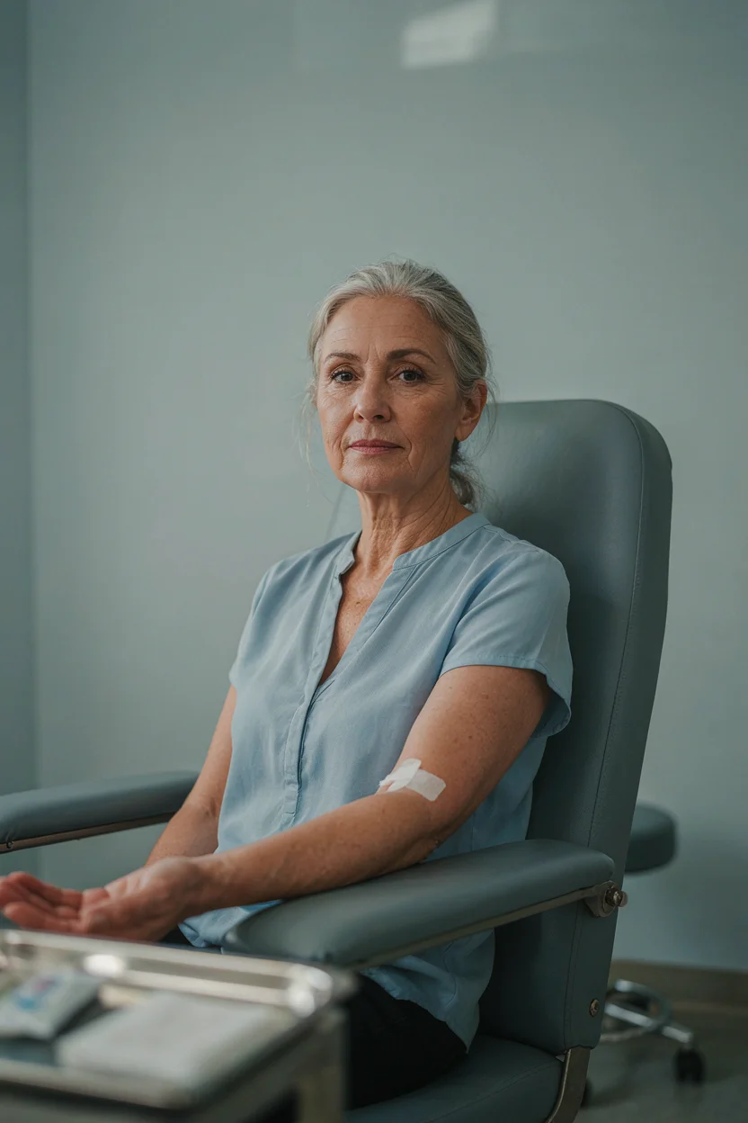 Woman in her early sixties having blood drawn at a clinic